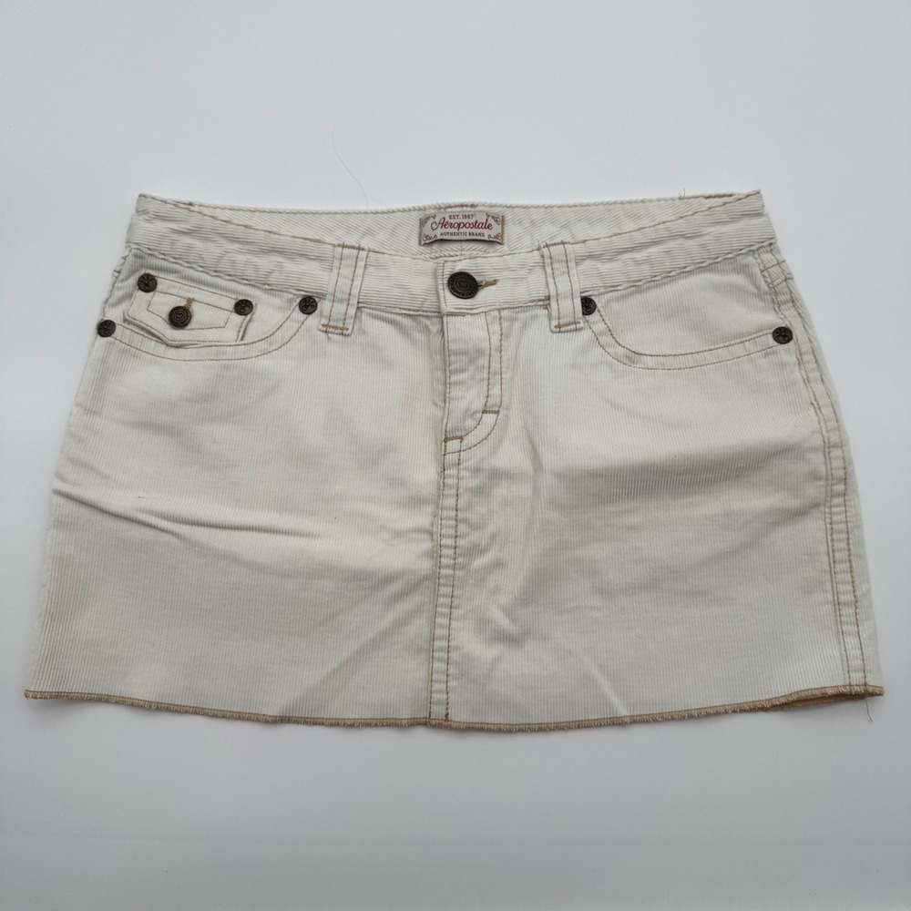 Aeropostale Cream Corduroy Mini Skirt Y2K Frayed Hem Tan Stitching Size 7/8